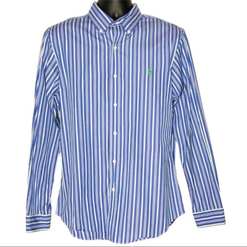 Ralph Lauren Slim Fit Striped Button Down Shirt Mens Medium Blue Green White